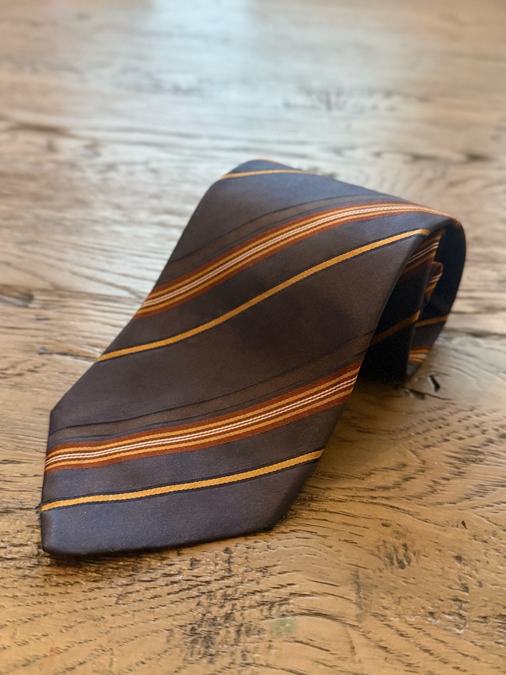 Hugo Boss Brown Silk Tie with Orange and Gold Stripes